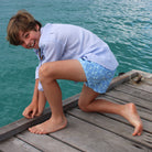 Unisex Children's linen shirt in Azul blue, cotton House Pier. Mustique Island