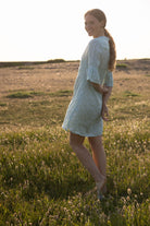 Womens summer style linen dress with gathered sleeve in green and pale blue fern print