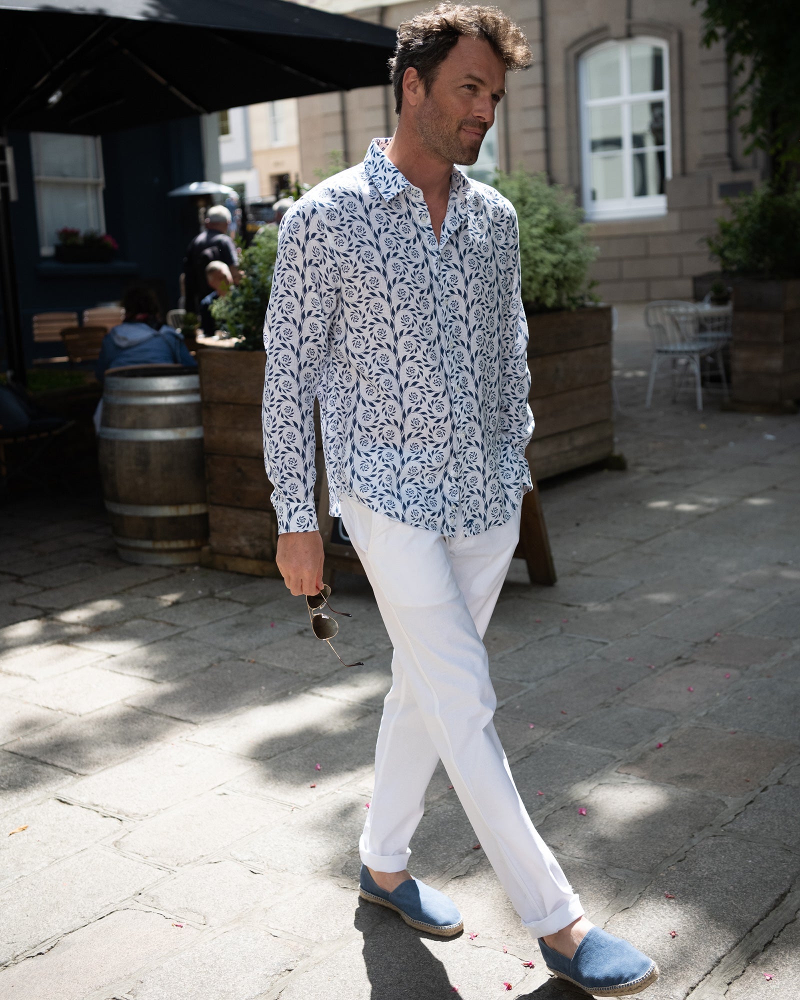 Mens premium linen shirt in Fern Navy print by designer Lotty B