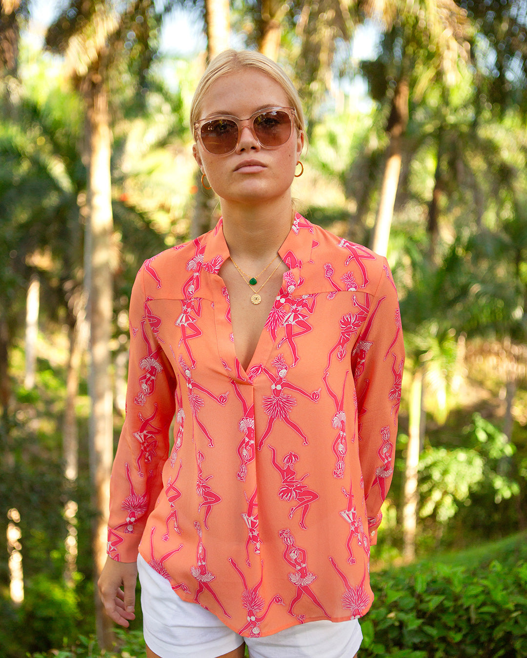 Womens tropical island style pure silk Crepe-de-Chine Kim blouse in Fruit Punch pink and orange print by designer Lotty B for Pink House