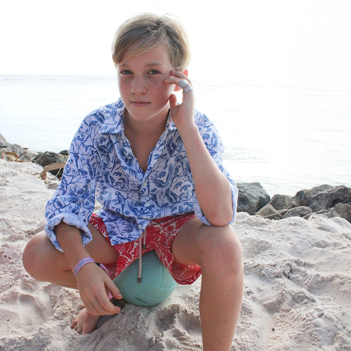 Kids pure linen holiday camp beach shirt in fun blue parrot print by designer Lotty B