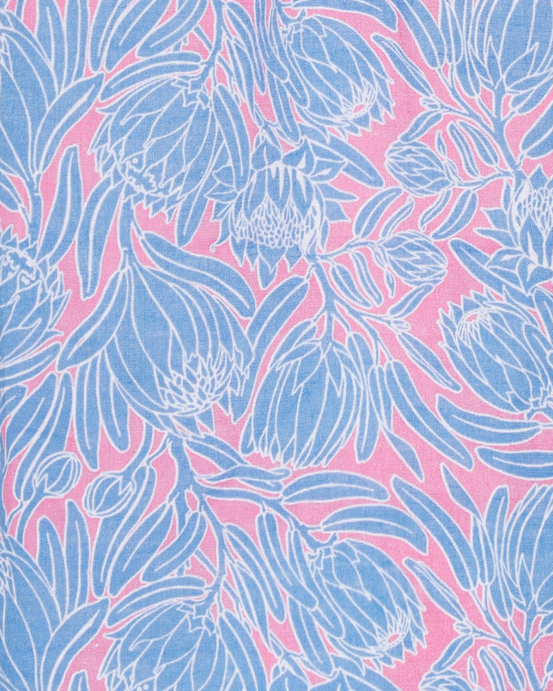 Linen swatch for Protea pink and blue print designer Lotty B Mustique