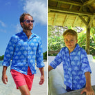 Matching fan palm print in mid blues by Lotty B Mustique for the Pink House men & kids linen collection