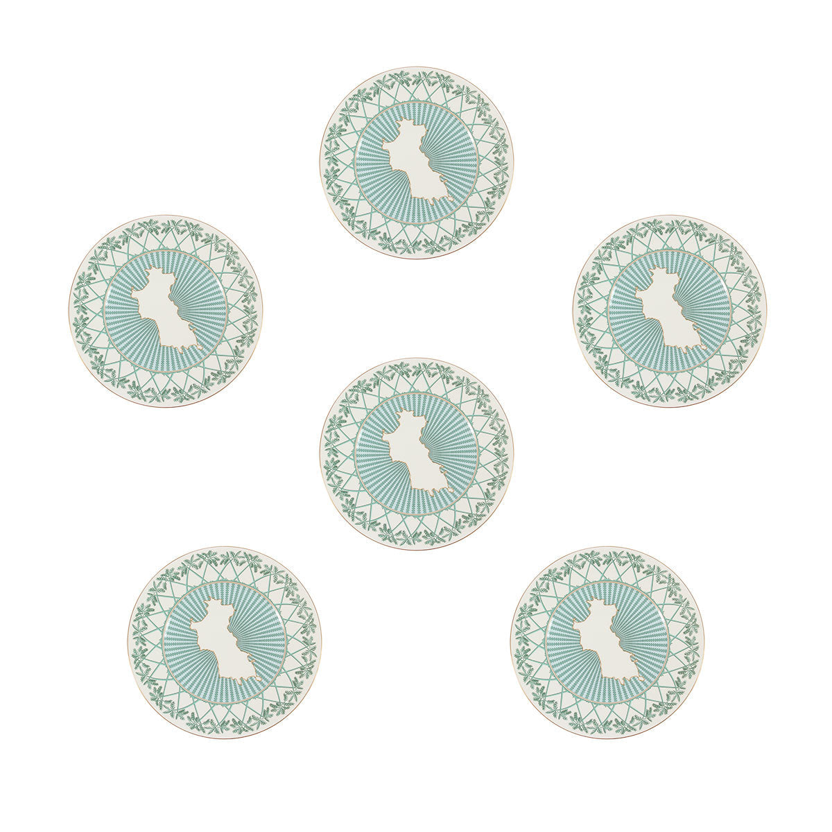 Fine Bone China decorative charger plate set (6 pieces) in Mustique Island green design by Lotty B