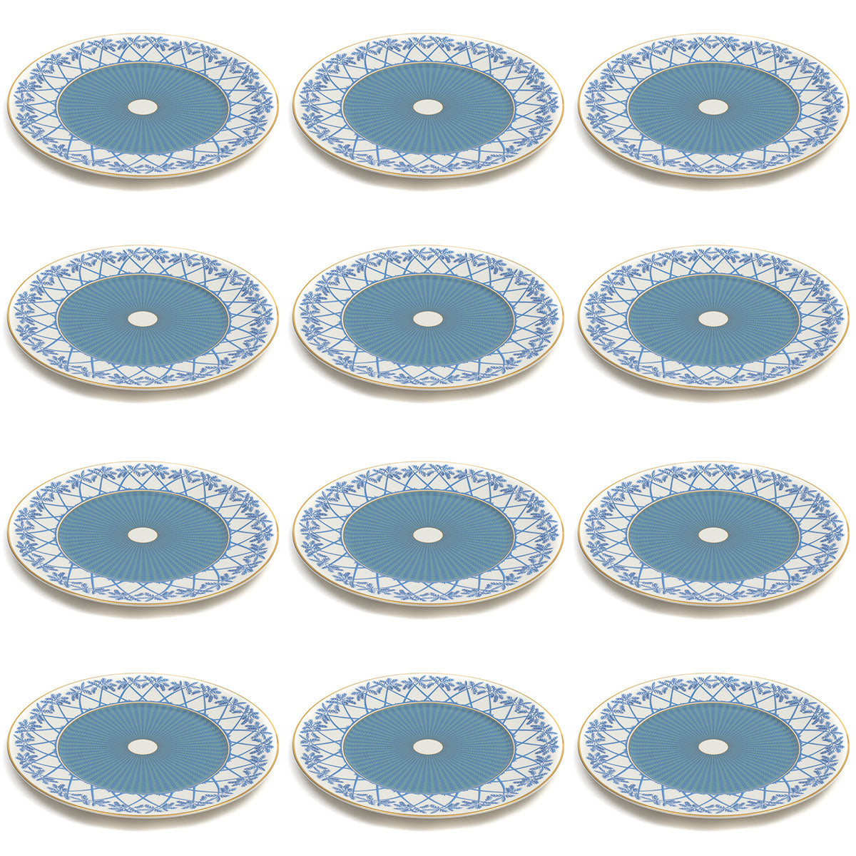 Fine Bone China decorative charger plate set (12 pieces) in Palms blue design by Lotty B