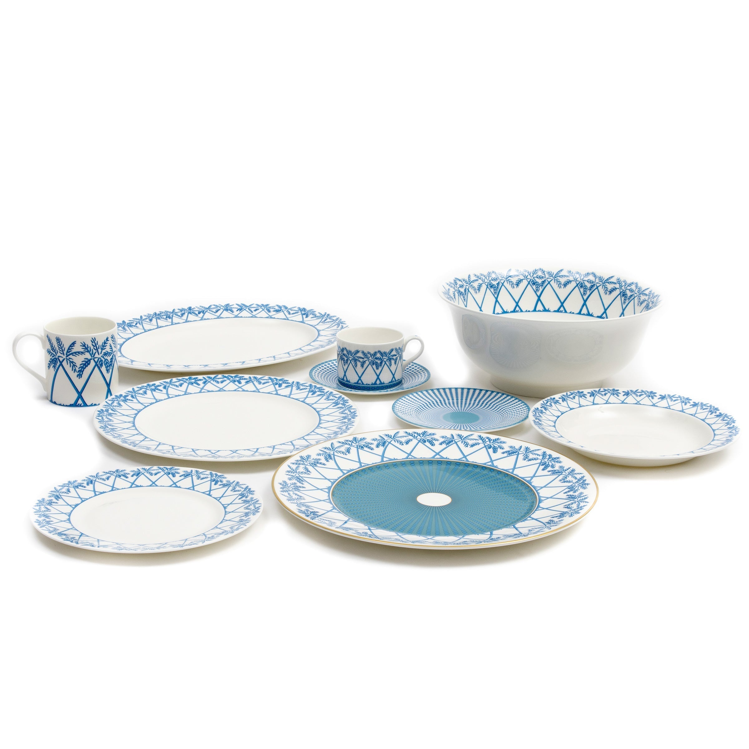 Palms blue fine bone china dinner service set made in England. Stoke-on-Trent.