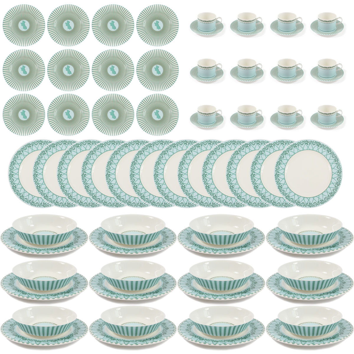 Fine Bone China Dinner Service : MUSTIQUE ISLAND - Bowls, Salad plates, Dinner plates, Side plates, Coffee cups & Saucers - 12 place settings (72 pieces)