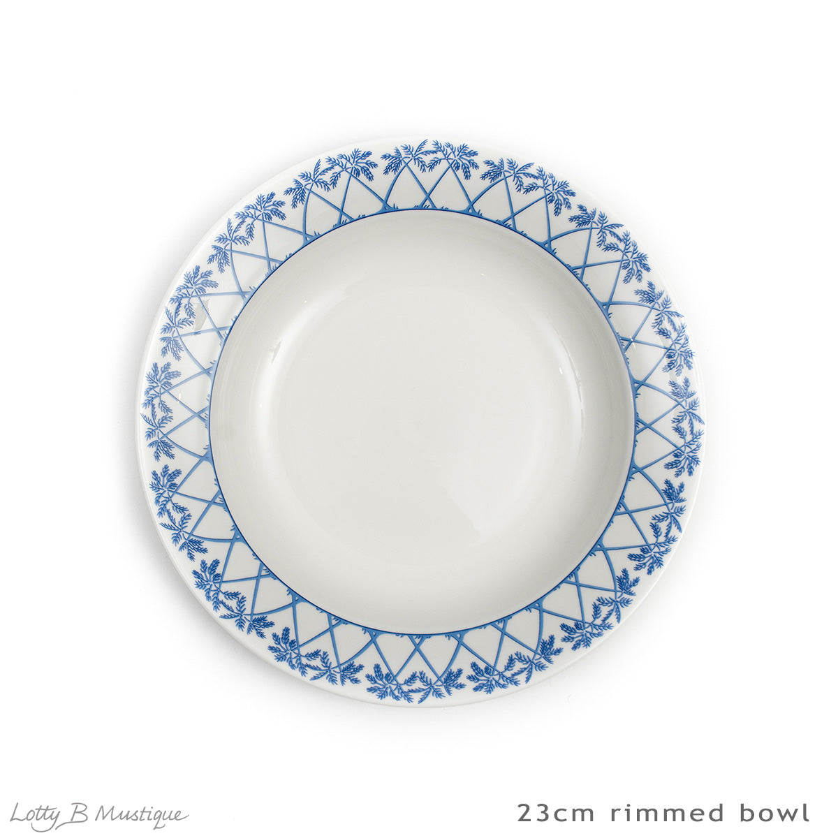 Set includes 12 x 23cm rimmed bowls in Palms blue