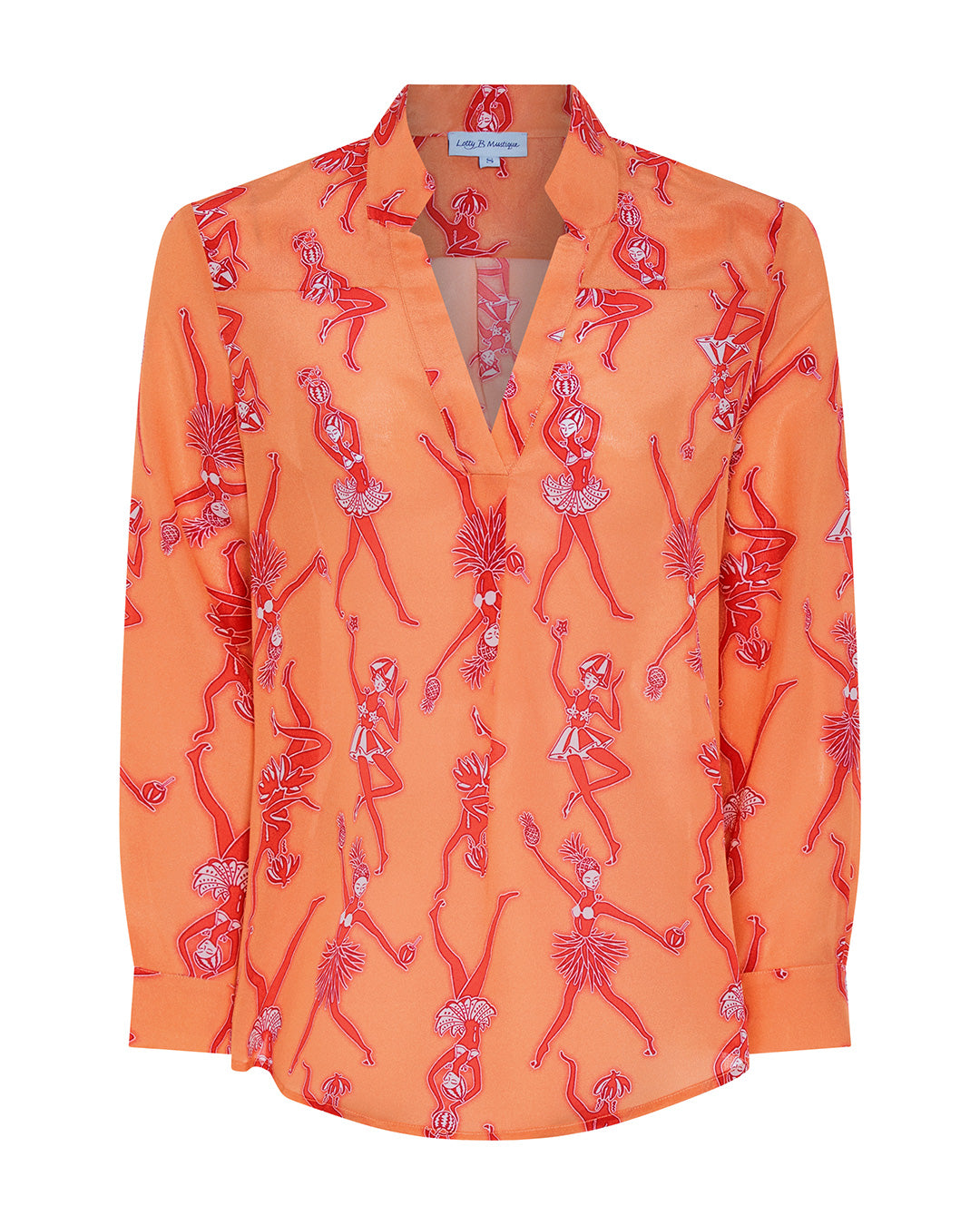 Womens pure silk Crepe-de-Chine Kim blouse in Fruit Punch pink and orange print by designer Lotty B for Pink House