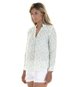 Womens Linen Blouse: FLAMBOYANT FLOWER - GREEN designer Lotty B Mustique