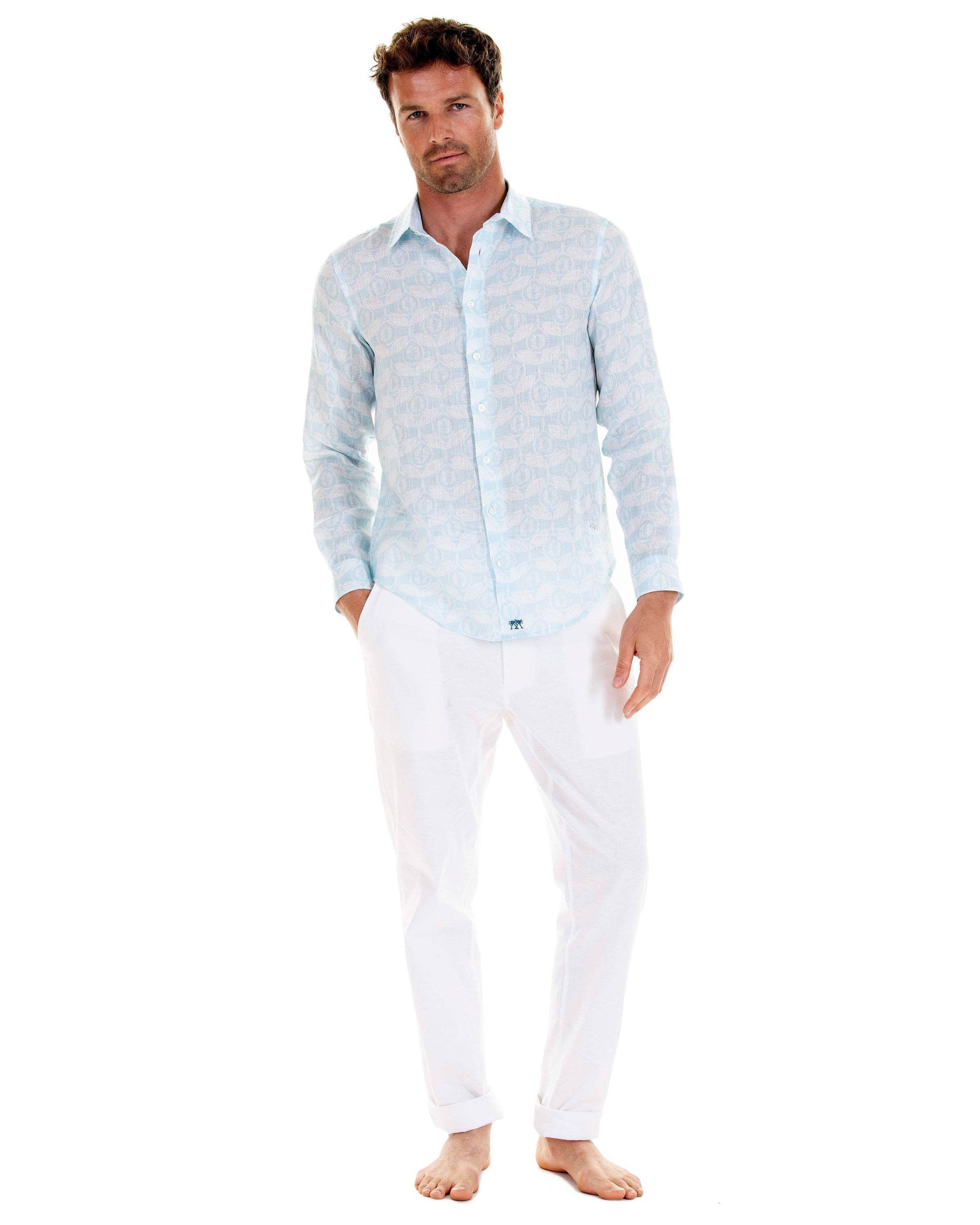 Linen shirt in Guava pale blue, designed by Lotty B Mustique beautiful linen Resort wear