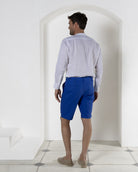 Mens classic holiday style dazzling blue linen shorts in comfort stretch blend by Pink House