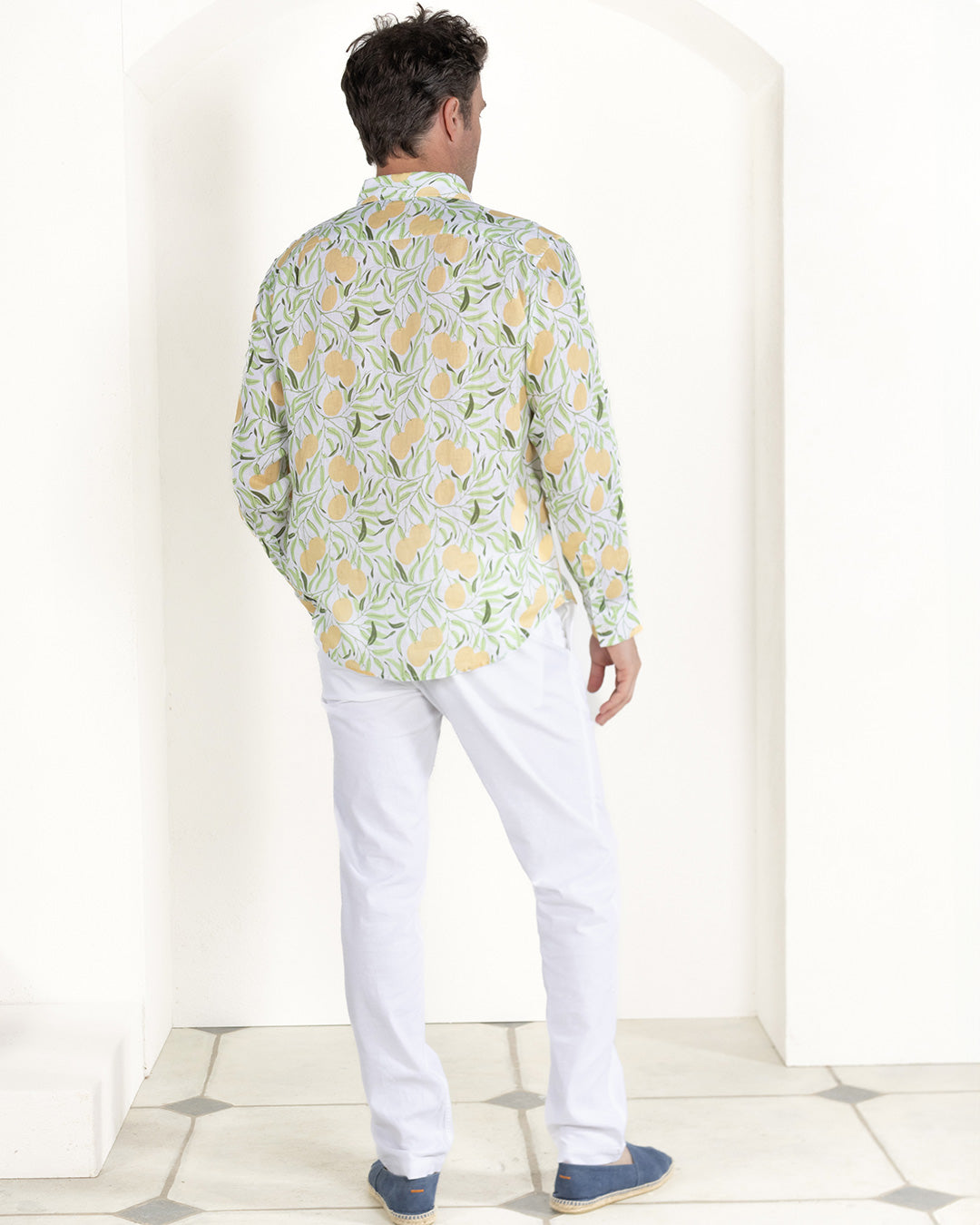 Pure linen shirt in green and yellow Mango print by Pink House