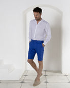 Mens classic vacation style dazzling blue linen shorts in comfort stretch blend by Pink House