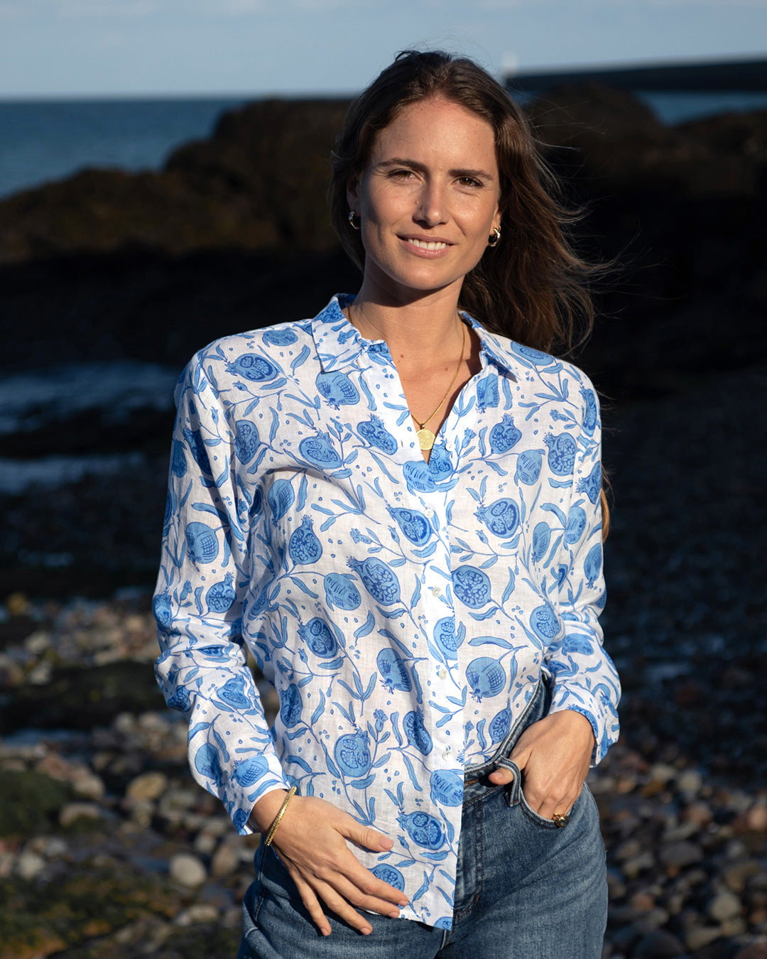 Island holiday women's linen shirt cover up in Pomegranate blue print by designer Lotty B