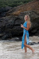 How to wear a silk sarong dress on the beach. Lurcher green & blue print designer Lotty B Mustique