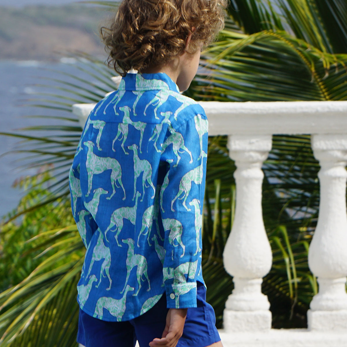 Kid's island style linen shirt in Lurcher blue & green print