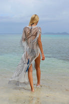 Lotty B Long Kaftan in Chiffon: BICYCLE - BLACK & WHITE back Mustique beach