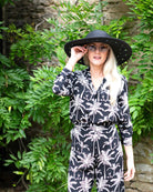 Wedding occasion wear designer silk blouse in black & white plantation print by Lotty B Mustique