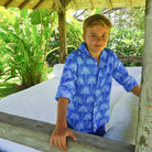 Childrens Linen Shirt: FAN PALM PALE BLUE / MID BLUE, Mustique's tropical garden