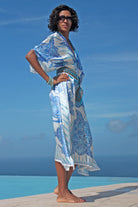 Lea Kaftan: TURTLE - BLUE in 100% charmeuse silk by designer Lotty B Mustique, vacation poolside style