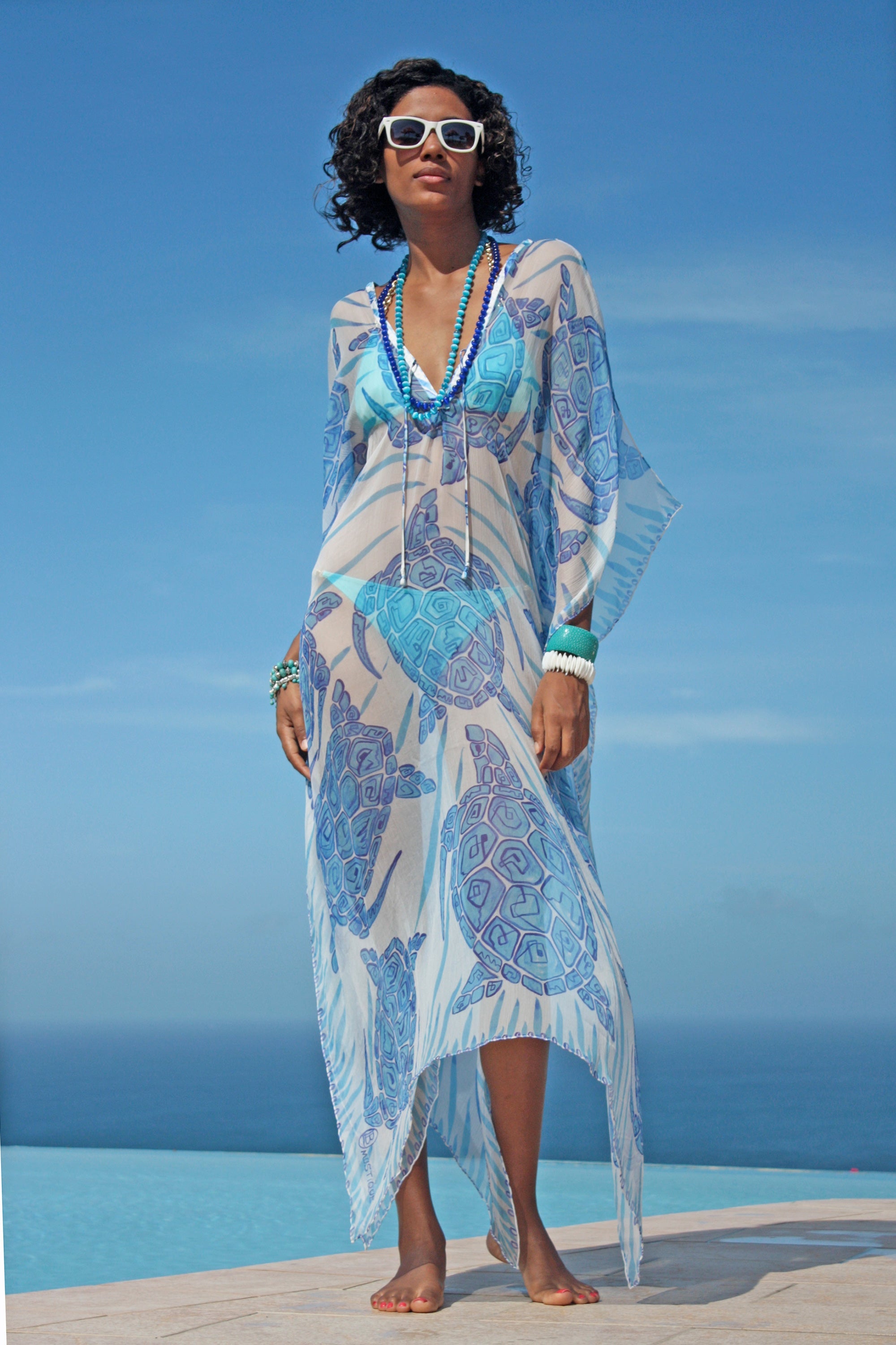 Lea Kaftan: TURTLE - BLUE in pure silk chiffon, luxury vacation wear by Lotty B Mustique