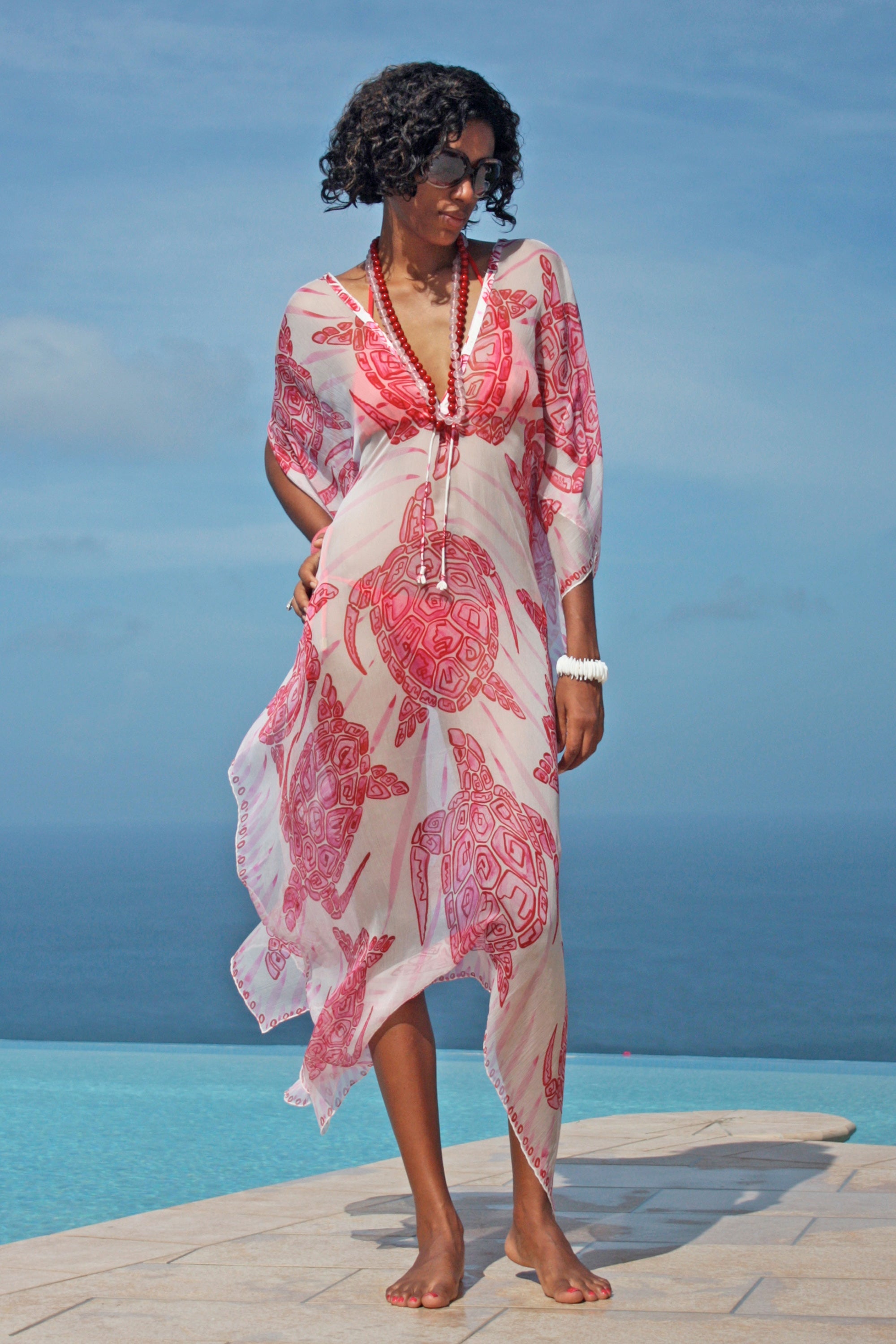 Lea Kaftan: TURTLE - RED, floaty poolside cover up by designer Lotty B Mustique