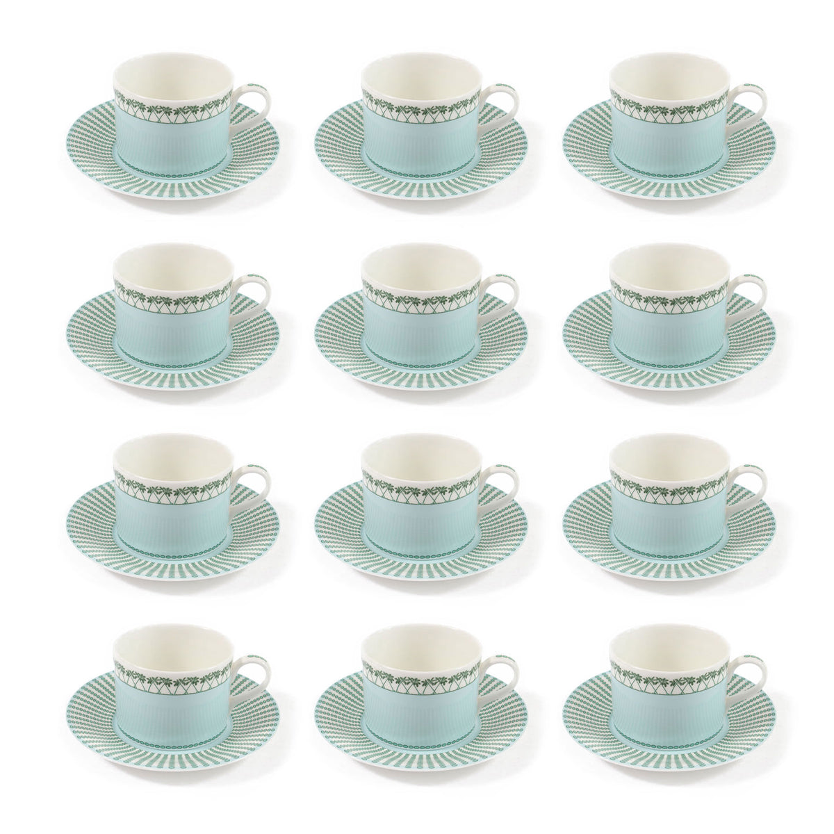 Fine bone china coffee cup and saucer set for 12 place settings (24 pieces) in Mustique Island green design by Lotty B