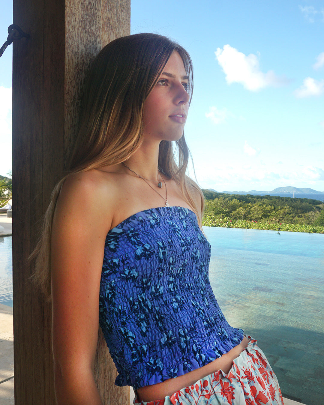 Chic silk shirred bandeau top in blue floral Flamboyant Flower print with bed to beach pajama shorts by designer Lotty B Mustiqueto