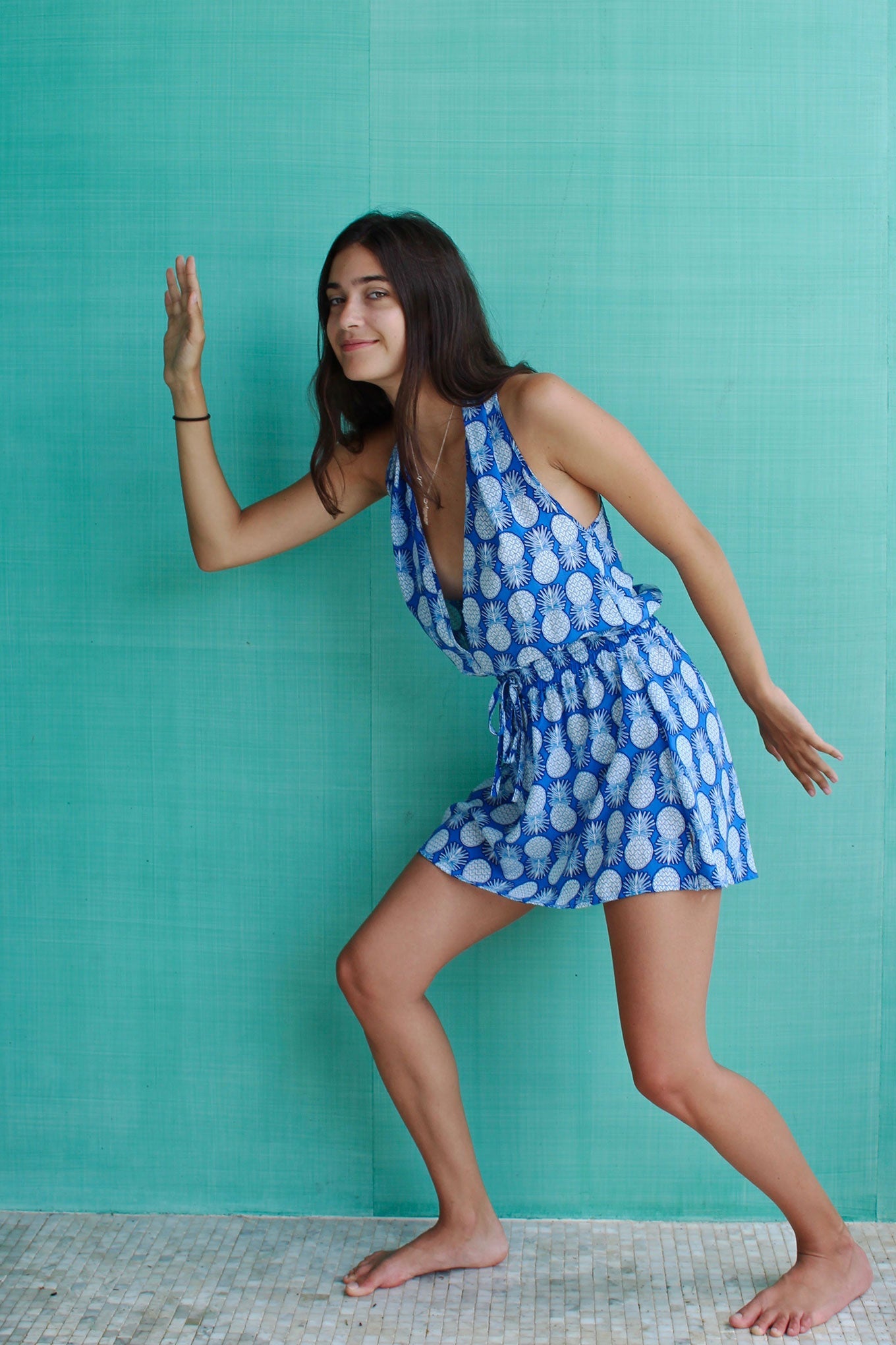 Lotty B Short Halter Neck Dress in Silk Crepe-de-Chine: PINEAPPLE - BLUE side Mustique Marina