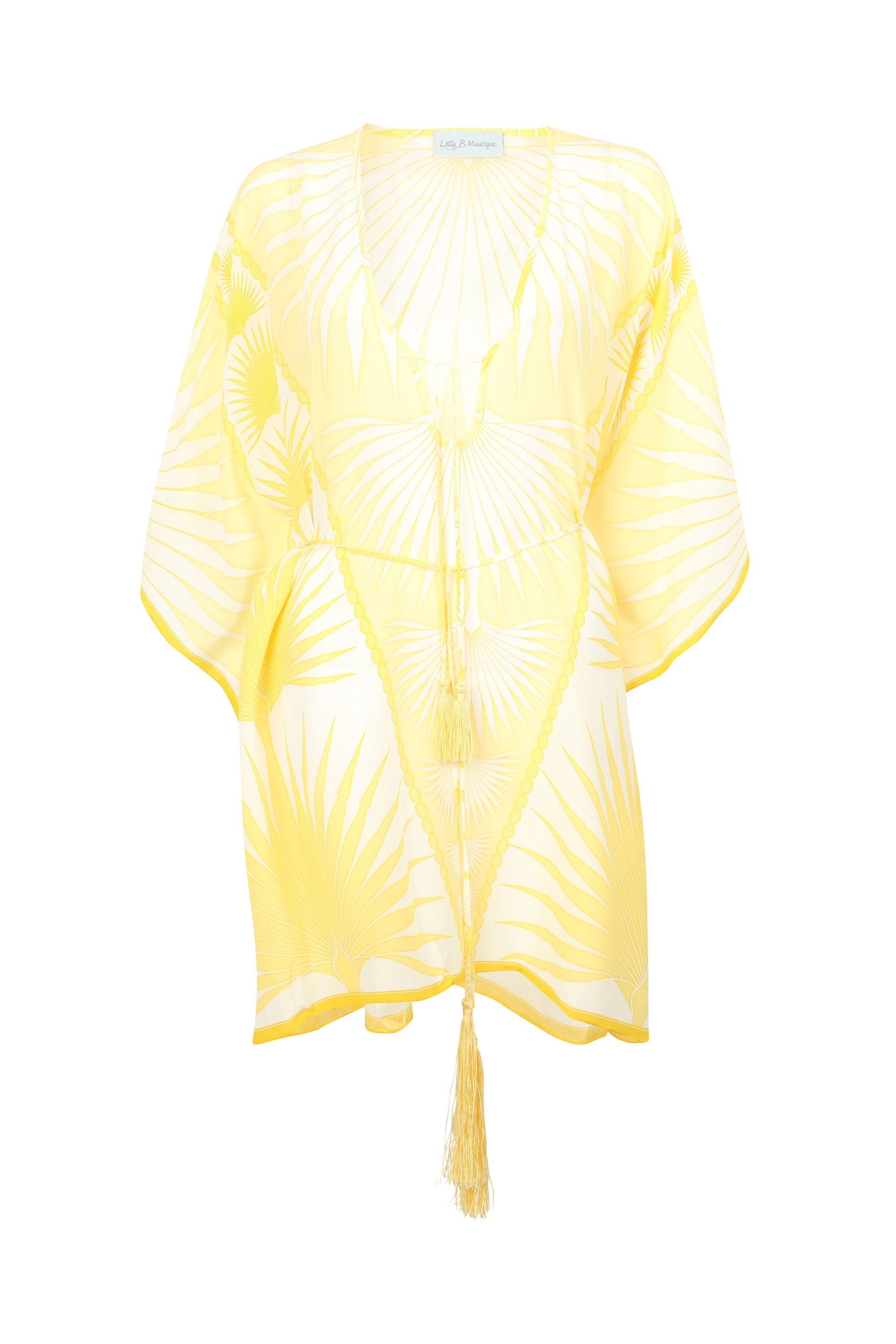 Lotty B Short Kaftan in Silk Crepe-de-Chine: FAN PALM - YELLOW / WHITE