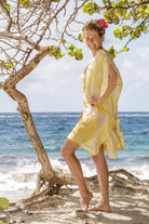 Lotty B Short Kaftan in Silk Crepe-de-Chine: FAN PALM - YELLOW / WHITE Mustique beach style