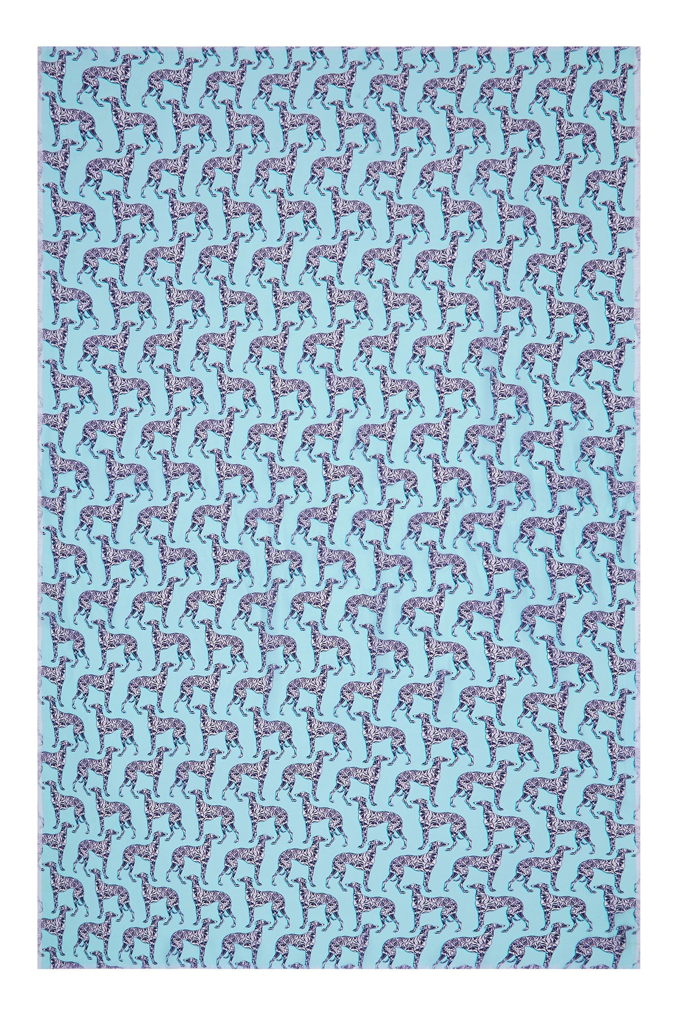 Luxury frayed edge silk pareo in Lurcher dog aubergine & pale blue print by designer Lotty B Mustique