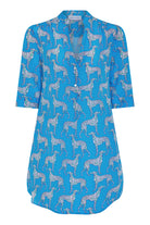 Short flared dress in pure silk Lurcher green blue print designer Lotty B Mustique