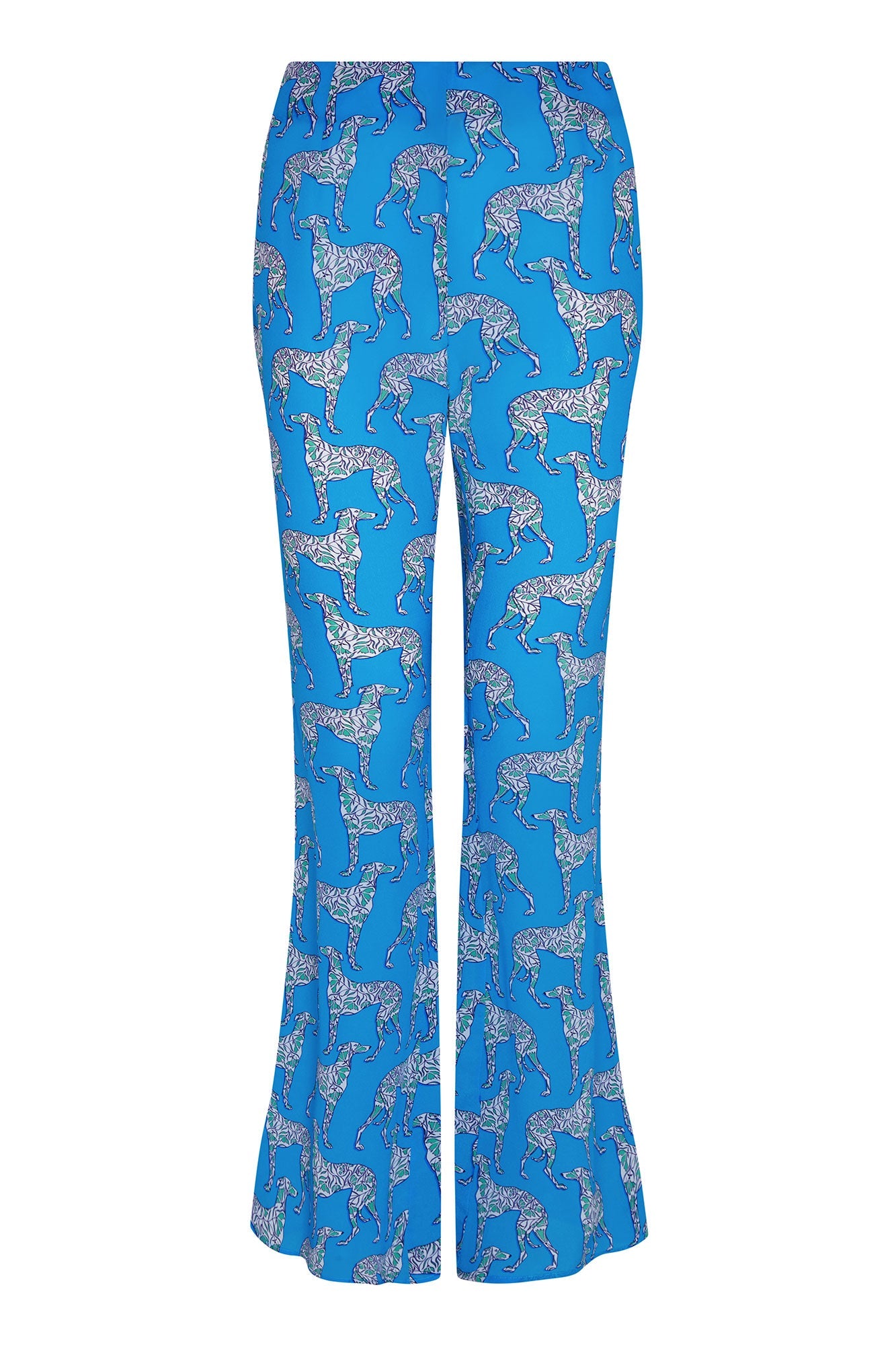 Fit & flare silk trousers in Lurcher green & blue print by designer Lotty B Mustique