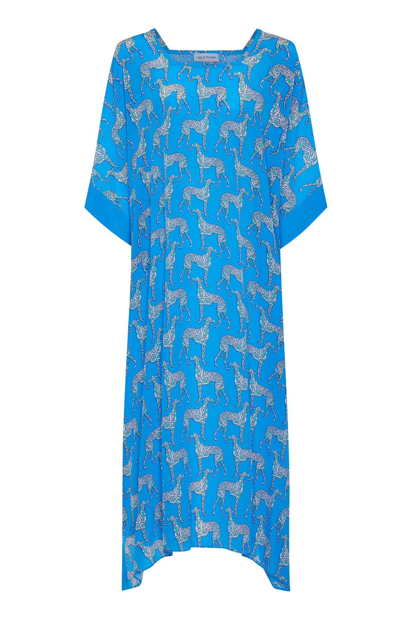 Maxi length pure silk kaftan in Lurcher green & blue print designer Lotty B Mustique