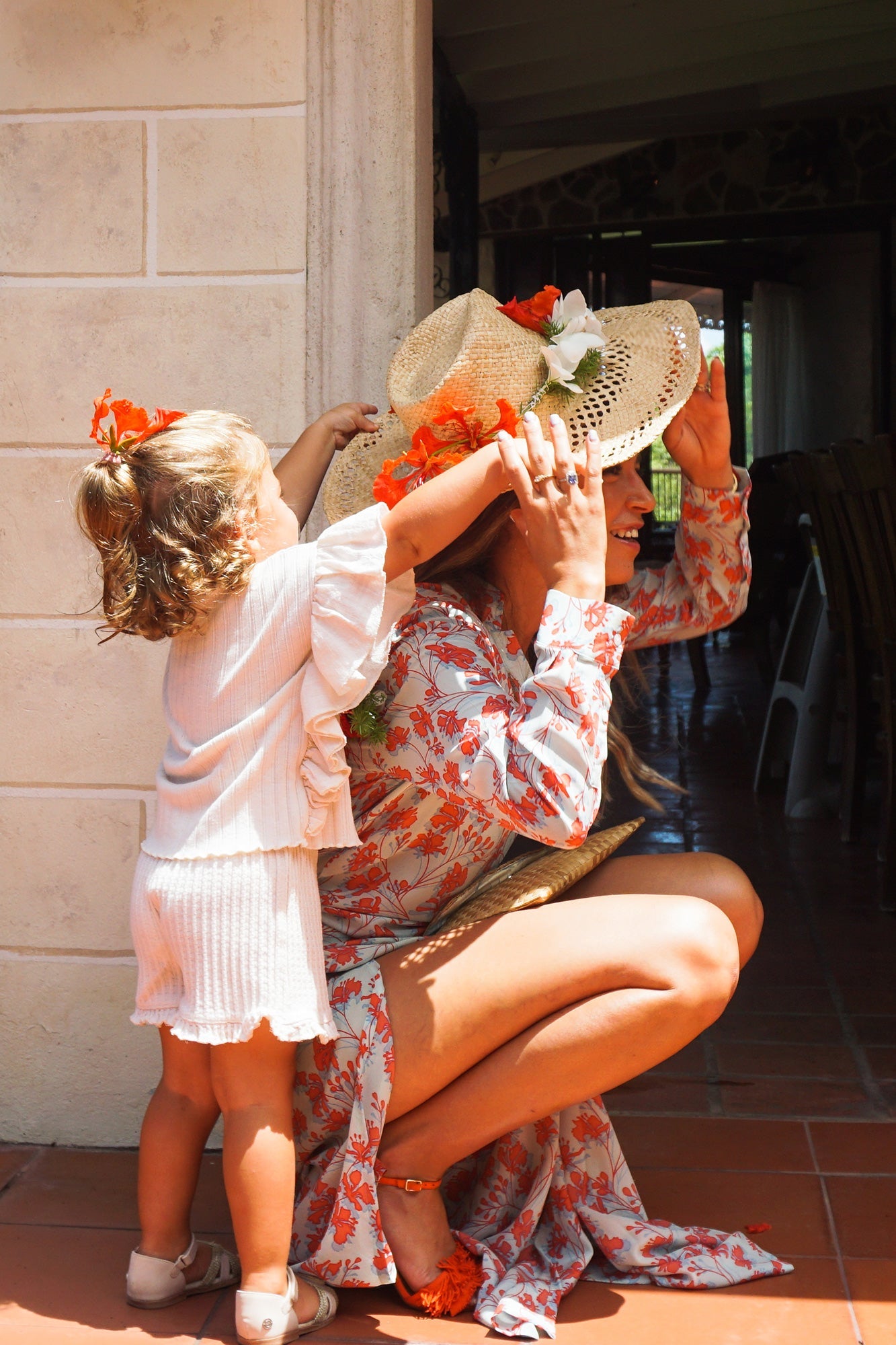 Hot weather style silk Gabija palazzo pants: Flamboyant flower orange print wide leg trousers