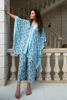 Luxury holiday style pure silk crepe Jade poncho in Lurcher aubergine pale blue and matching palazzo pants