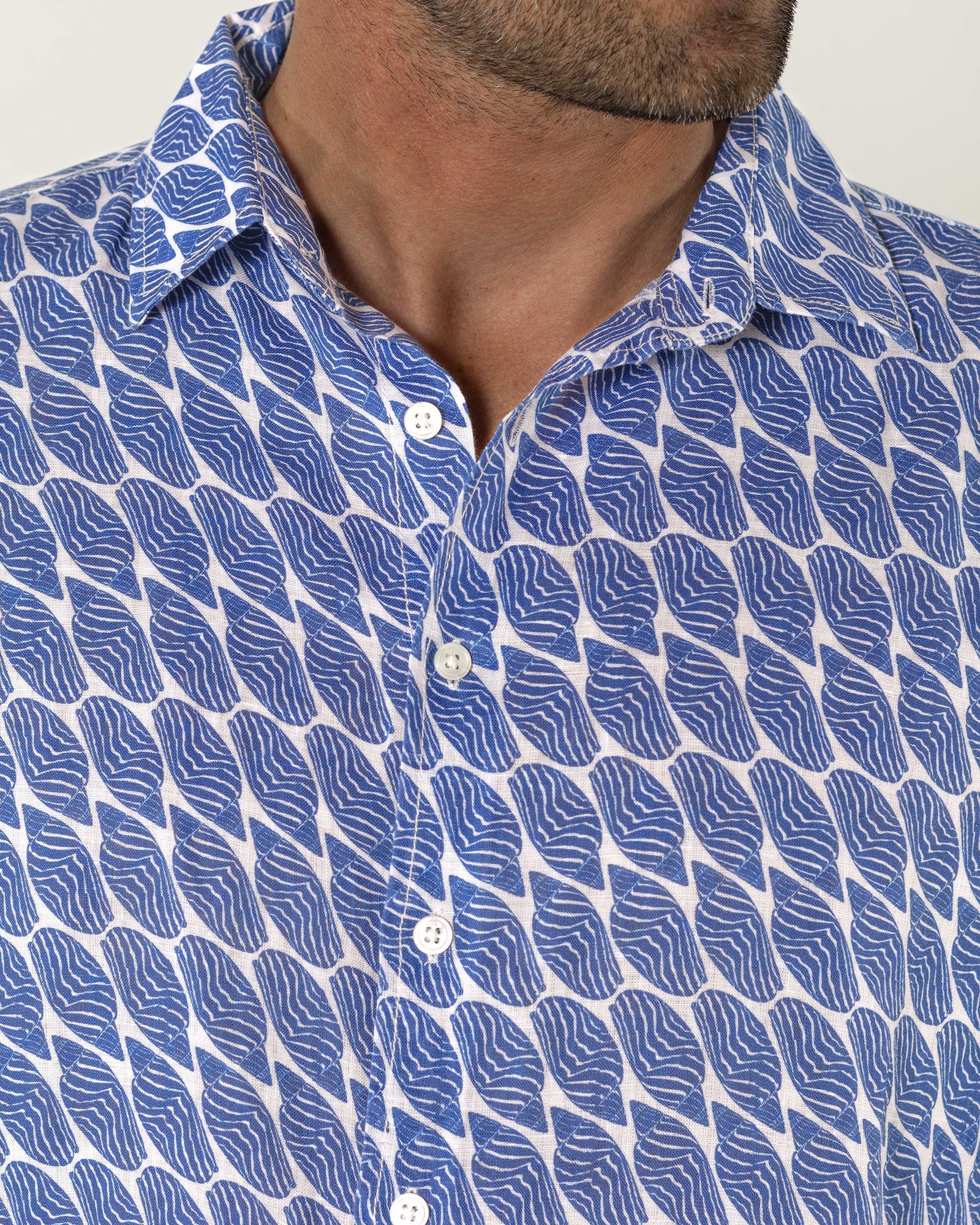 Luxury quality men's summer linen shirt in blue Striped Shell print designer Lotty B Mustique