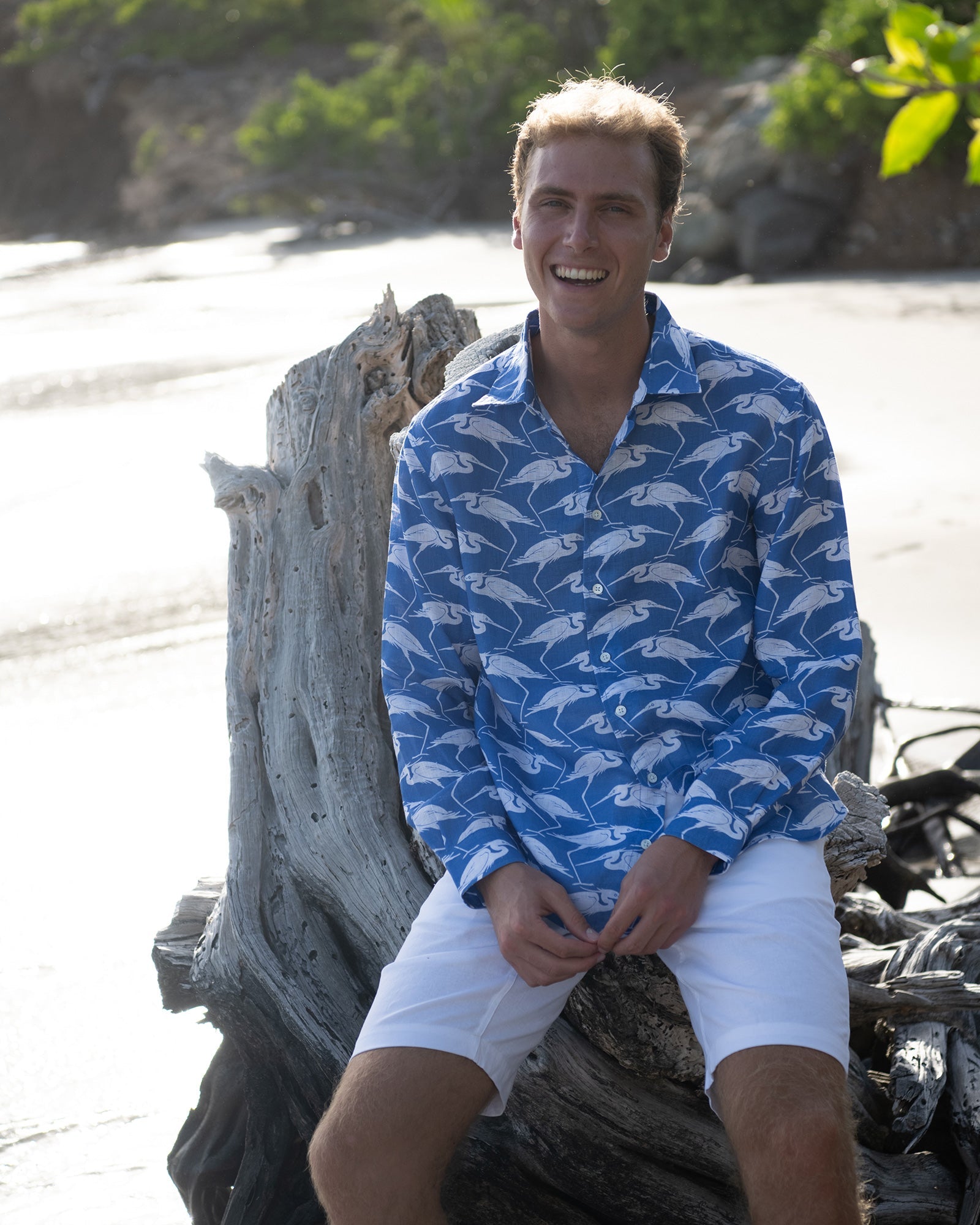 Holiday Shirt Blue Egret print Black Sand Bay, Mustique