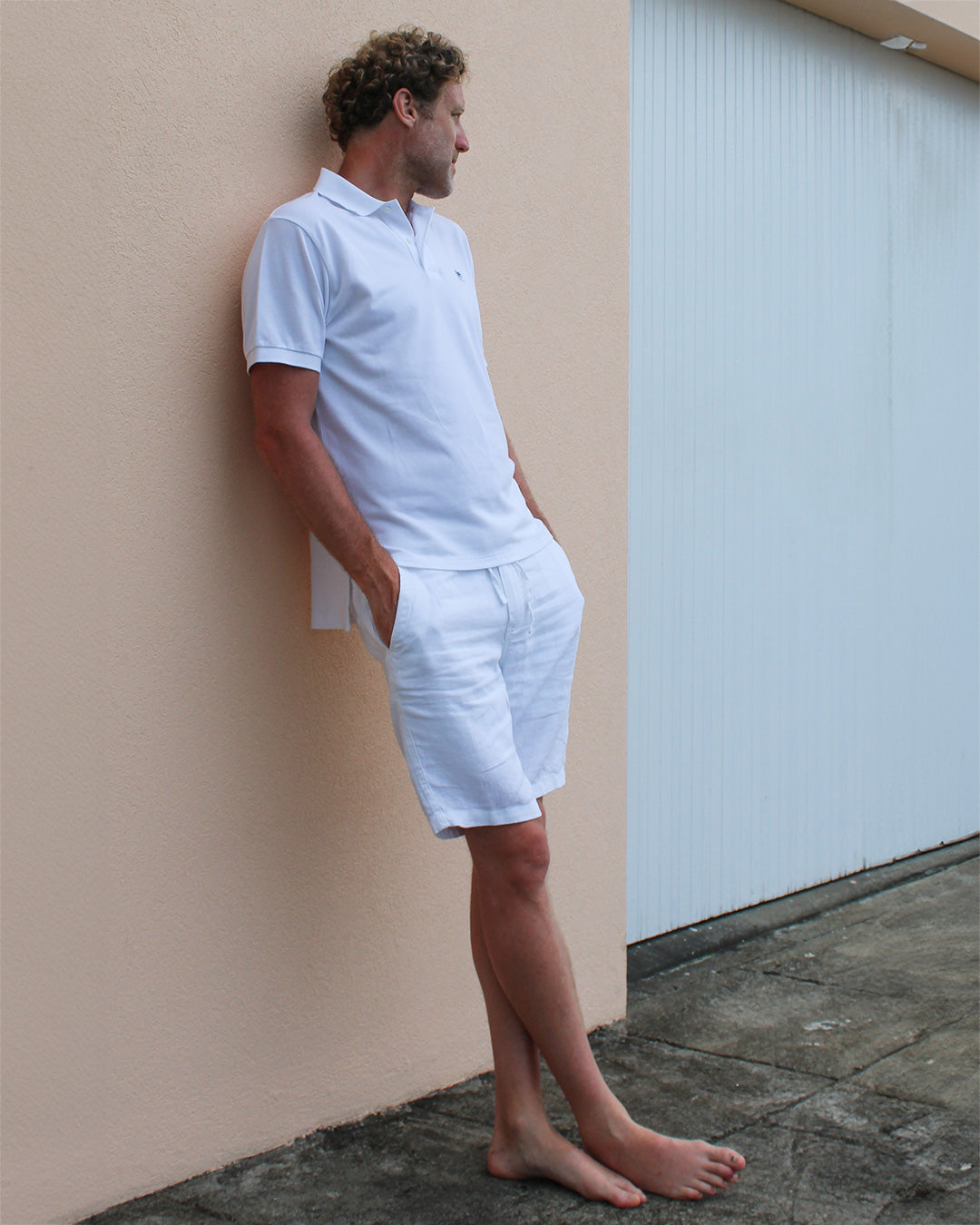 Tennis whites styling casual linen shorts with white polo by Pink House