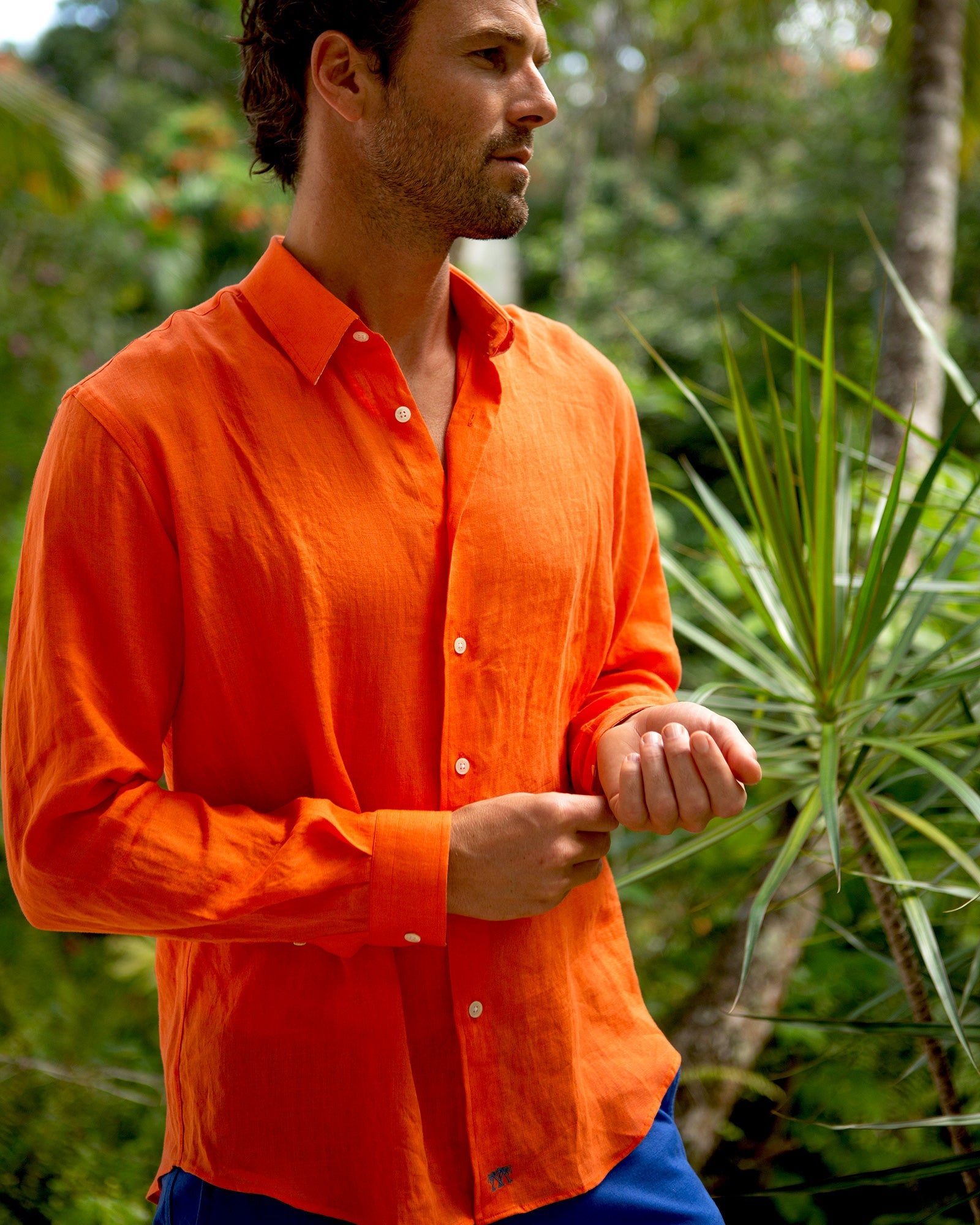 Vacation style men's orange linen shirt