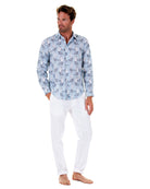 Mens Linen Shirt : MERMAID GREY / PALE BLUE Caribbean style worn with white linen trousers