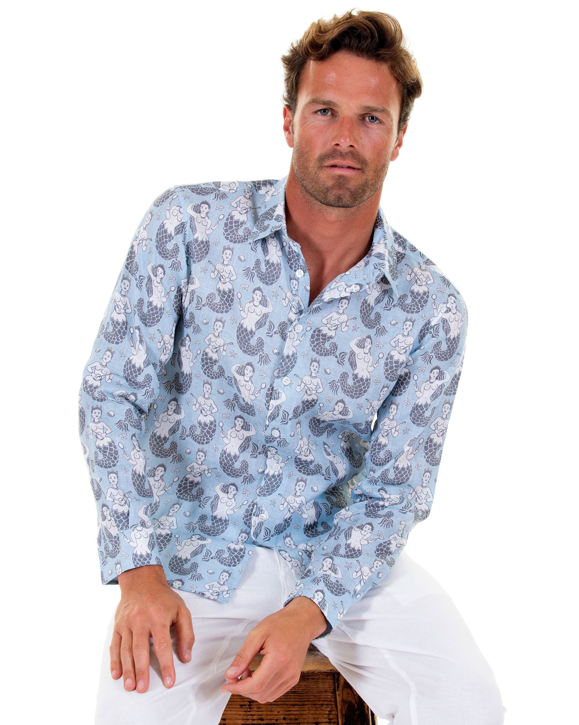 Mens Linen Shirt : MERMAID GREY / PALE BLUE island style