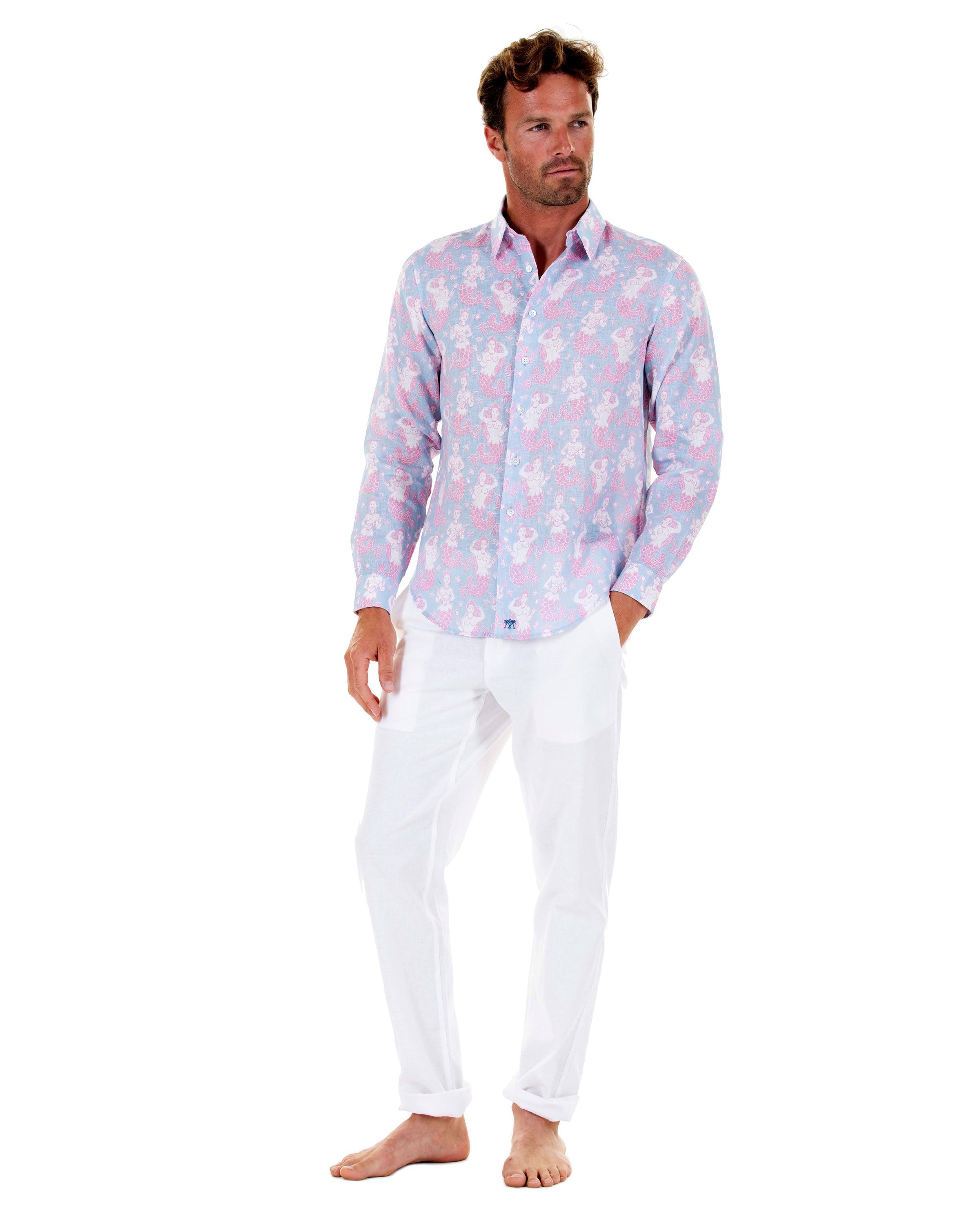 Mens Linen Shirt : MERMAID PINK / BLUE classic Caribbean style from Mustique