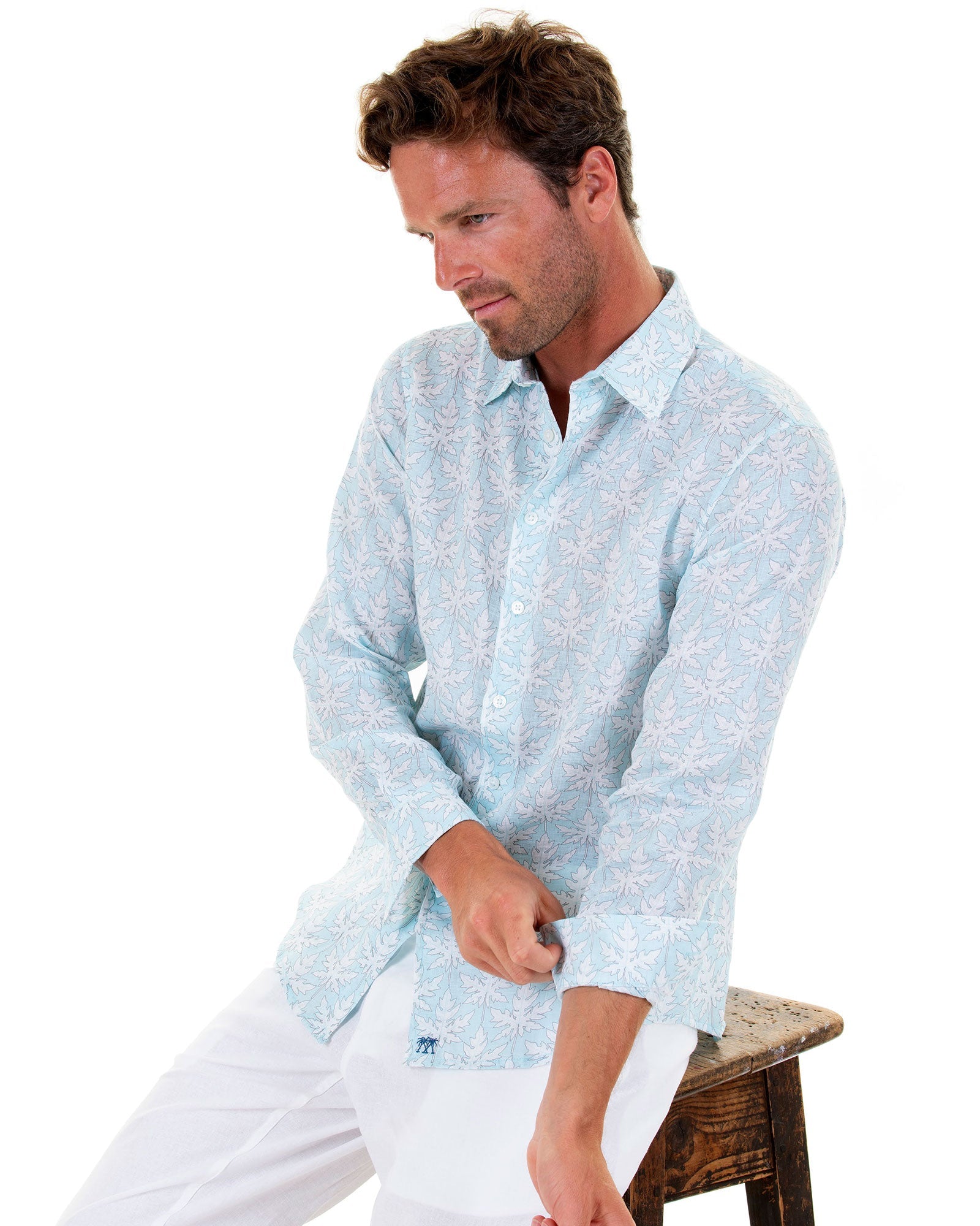 Mens Linen Shirt : PAPAYA CLEAR BLUE, rolled cuffs