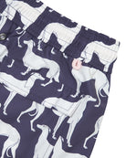 Back pocket detail of men's recycled swim shorts in Lurcher aubergine print