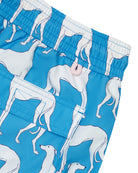 Back pocket detail of men's recycled swim shorts in bright blue Lurcher print