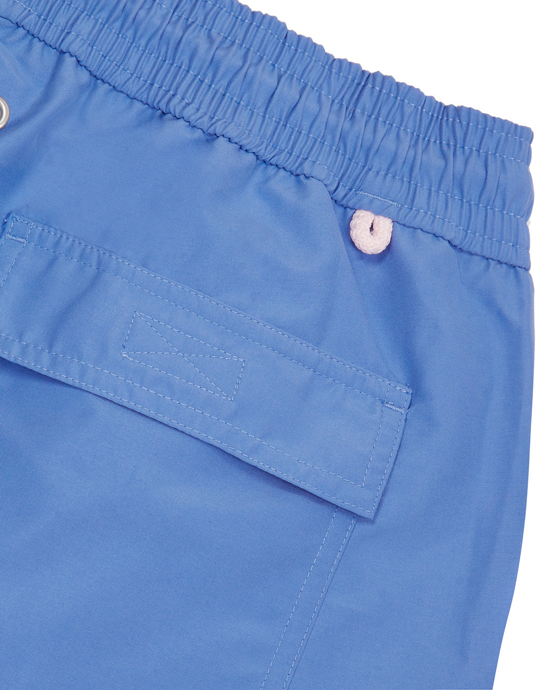 Mens quick dry REGATTA BLUE swim shorts back pocket detail by designer Lotty B Mustique for Pink House vacation essentials