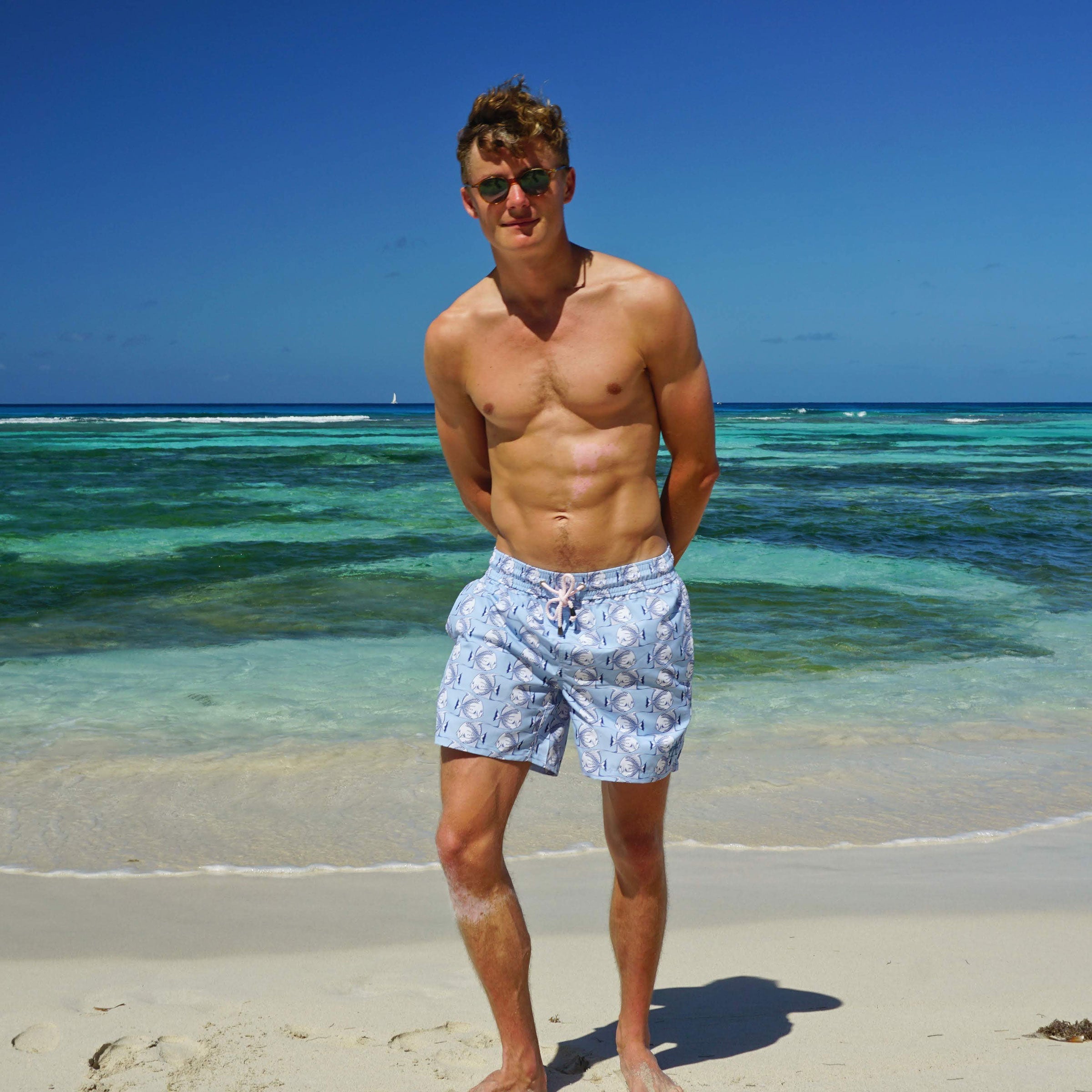 Mens swim trunks : FISH - AIRFORCE BLUE designer Lotty B Mustique beachwear